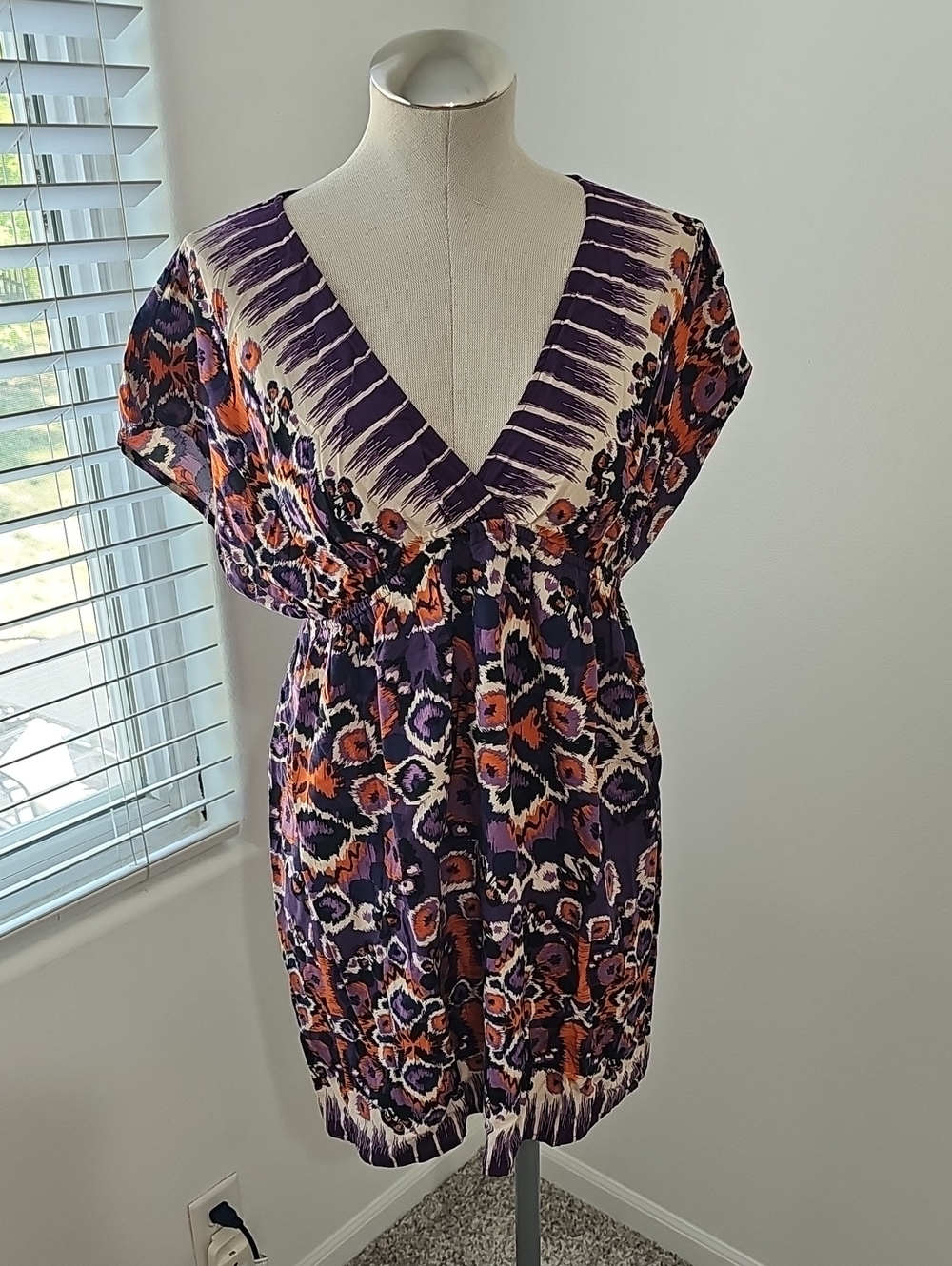 Purple & Orange Printed V-Neck Tunic Dress
